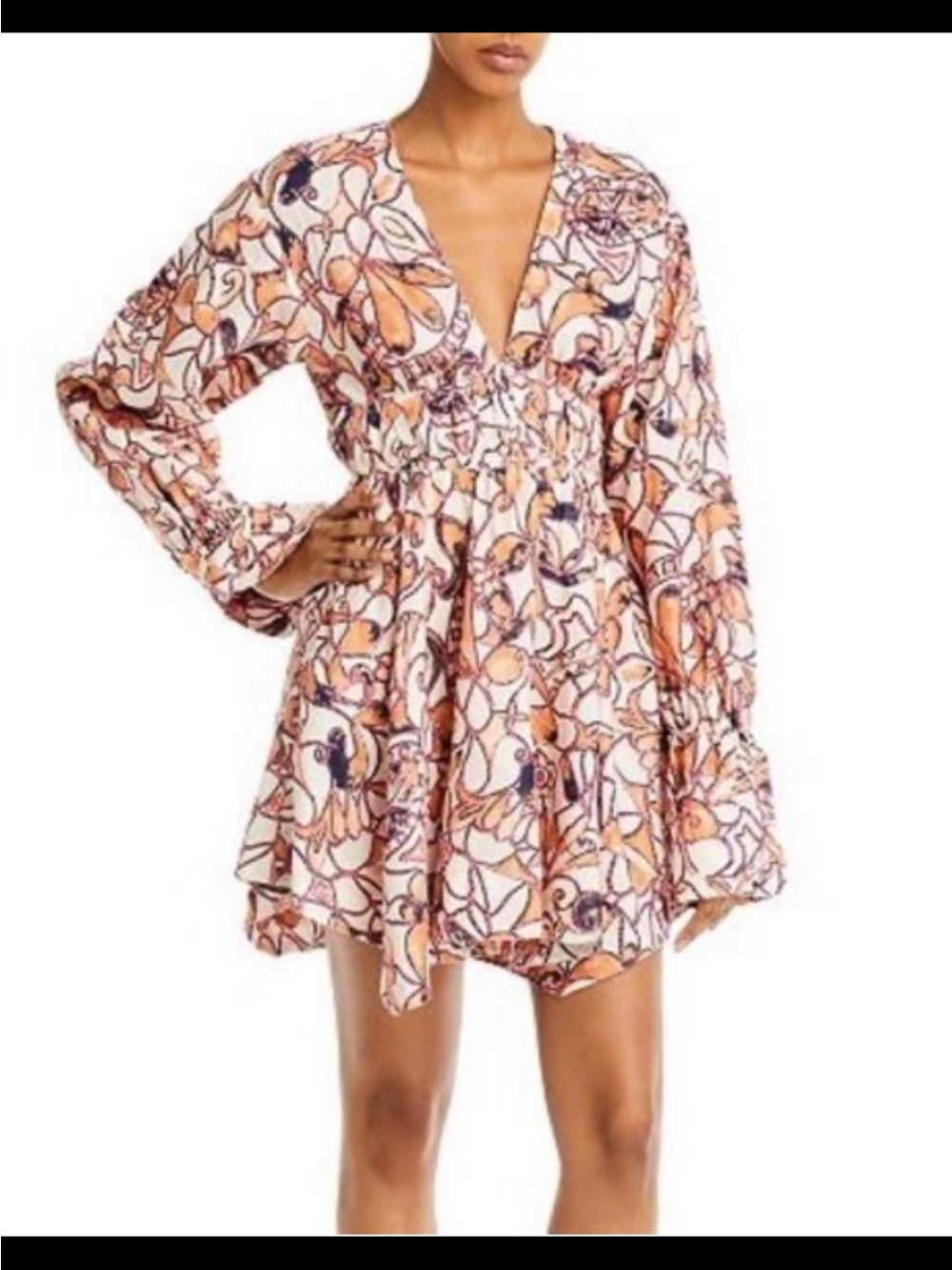 A.L.C. Peach Floral V-Neck Long Sleeve Mini Dress